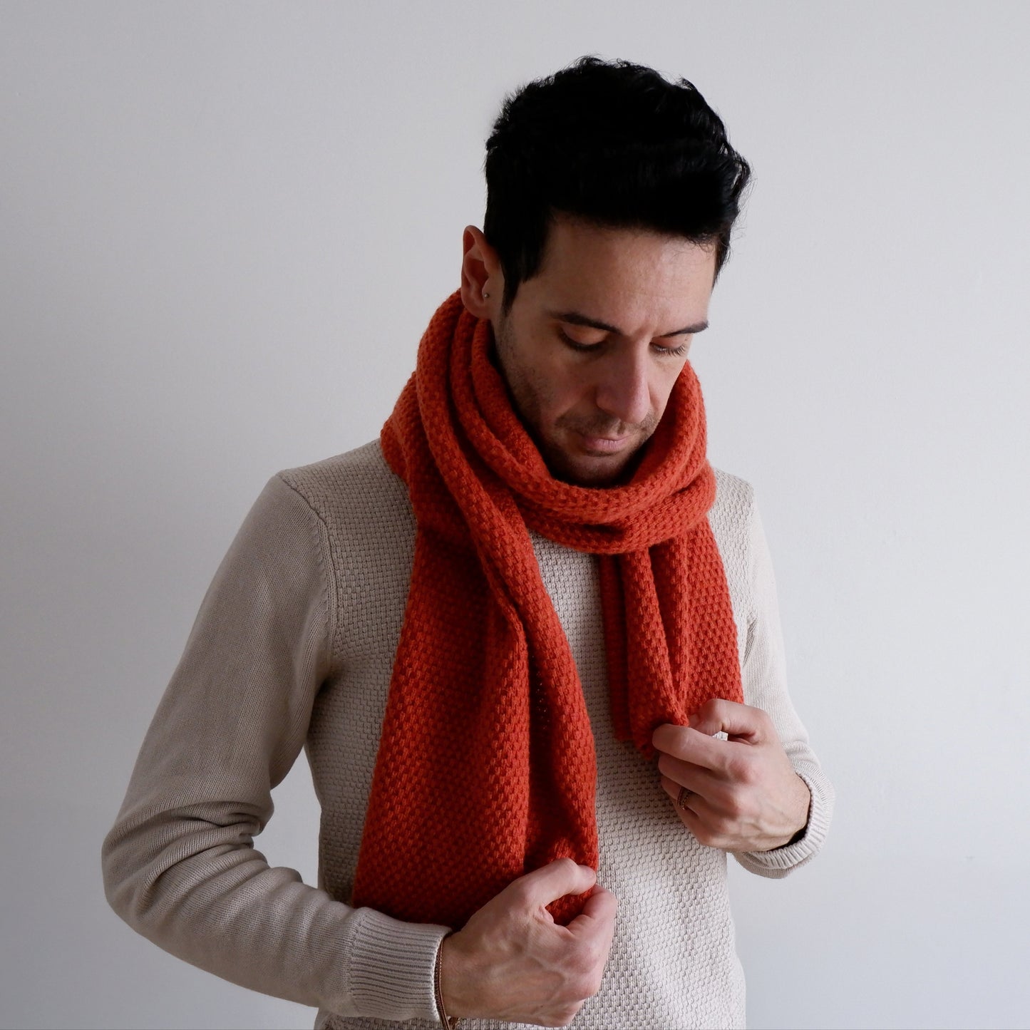 Simon Concas Knitwear Orange Merino Scarf in Moss Stitch 